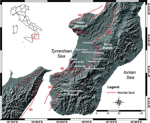 Figure 1. Location map of the study area showing the main tectonic lineaments, overlapped onto a 20 m DEM hillshade. Numbers refer to fault segments: (1) Cittanova; (2) Serre; (3) Reggio Calabria; (4) Capo Vaticano; (5) Nicotera; (6) Scilla; (7) S. Eufemia; (8) Messina-Taormina. Faults are redrawn from Monaco and Tortorici (Citation2000).