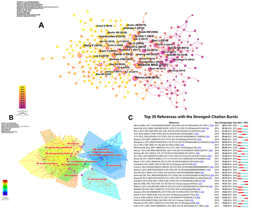 Figure 8 Cited references analysis on dexmedetomidine. (A) The network map of cited references; (B) The clustering of cited references; (C) The top 30 cited references with the strongest citation bursts.