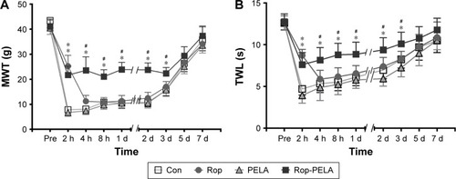 Figure 2 Results of behavioral testing of rats in control, PELA, ropivacaine and Rop-PELA groups.Notes: (A) MWT (g); (B) TWL (seconds). Mechanical allodynia and thermal hyperalgesia were induced by hind paw incision. Data were expressed as mean ± SD, n=5 in each group. *P<0.05 compared with the control group. #P<0.05 compared with the ropivacaine group.Abbreviations: Con, control; Rop, ropivacaine; PELA, polyethylene glycol-co-polylactic acid; MWT, mechanical withdrawal threshold; h, hour; d, day; TWL, thermal withdrawal latency; s, second.