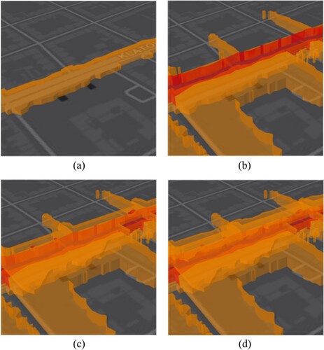 Figure 18. STC method with layers for different time intervals – (a) noise levels at a morning time interval (12 am–6 am), (b) morning and day time interval (6 am–6 pm), (c) morning, day and evening time interval (6 am–10 pm) and (d) morning, day, evening and night-time interval (10 pm–12 am).