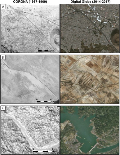 Figure 1. Examples of recent land use changes detectable on CORONA imagery: A) Western Mexico City, Mexico, where massive urban sprawl has destroyed archaeological remains; B) Indus River Valley, Pakistan, where intensified irrigation agriculture has obscured archaeological sites; C) Three Gorges Dam, China, where construction of the world’s largest dam project has submerged countless archaeological sites. (CORONA imagery courtesy United States Geological Survey; Modern satellite imagery © ESRI and DigitalGlobe).
