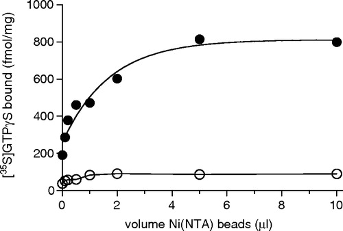 Figure 2.  Ni2 + -bead capture of α2A-AR-activated [35S]GTPγS:Gαi1his. 20 nM of both Gαi1his and Gβ1γ2 were combined with 0.1 mg/ml of α2A-AR membranes and 5 µM GDP and 10 µM AMP-PNP (‘reconstitution mix’), 0.2 nM [35S]GTPγS, in TMND buffer. Various volumes of Ni(NTA) agarose beads were added to the reconstitution mix as indicated, in the absence (○) or presence (•) of 10 µM UK14304 [final]. The mix was incubated for 90 min at 27°C with shaking. Final volume was 100 µl. The entire reaction was filtered over a Whatman #1 filter paper and washed with 3×4 ml with ice-cold TMN buffer. A representative experiment is shown.