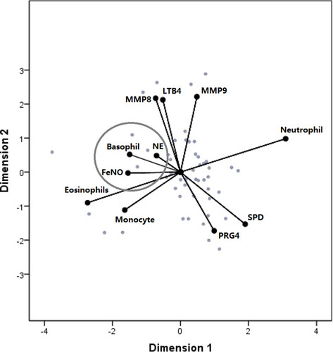 Figure 4 Correlations between immune factor levels, sputum induction, and FeNO. The distance from the point represents their relationship. Optimal scaling analysis showed that there was a correlation between NE levels, basophil rate, and FeNO levels (Cronbach’s alpha = 85.1%).