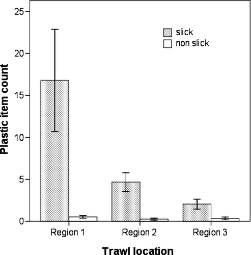 Fig. 2  Count of number of plastic items recovered during 8-min trawls conduct in and outside natural slicks within three regions of the inner Hauraki Gulf (mean±SE).