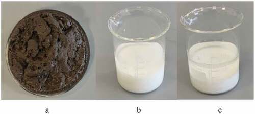 Figure 1. Filter cake from BSBMDIF (a), Chemical Breakers; EDTA (b), SiO2 (c) (Wayo Citation2022).