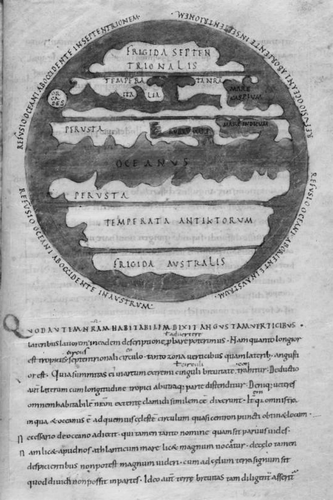 Fig. 6. World map from a south German manuscript of Macrobius,Commentary on the Dream of Scipio, c.1000. Note how space in the text has been left for the drawing. The designation of the southern temperate zone temperata antiktorum is unusual. Compare with Figures 3 and 5. Oxford, Bodleian Library, MS D'Orville 77, fol. 100r. Appendix 1, no. 16. (Reproduced with permission from the Bodleian Library.)