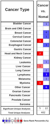 Figure 1 Expression of TIPARP in 20 common cancers versus paired normal tissues using the Oncomine database. Red and blue, respectively, stand for the numbers of datasets with statistically significant (P<0.05) increased and decreased levels of TIPARP gene.