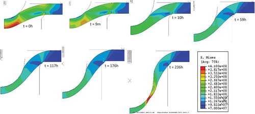 Figure 5. Evolution of the computed deformation and von Mises stresses for the case F = 400N, µ= 0.3. t = 0, 9min, 10h, 59h, 117h, 176h, 236h) t/tpc = (0,6.3e-4, 4.2e-2, 0.25, 0.5, 0.75,1), where tpc = 236h.