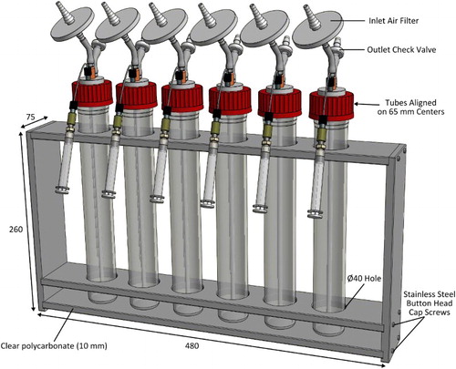 Figure 2. Small volume growth vessels and mounting rack. The rack is made from autoclave-compatible clear polycarbonate. The upper and middle levels of the rack have 40 mm diameter holes, spaced on 65 mm centres, for the growth vessels. All dimensions given are in mm.