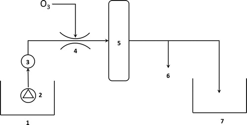 Figure 1. Simplified schematic overview of the experimental setup at Klagshamn WWTP.1: Return activated sludge basin of treatment line one 2: Submerged centrifugal pump, 3: Flow meter, 4: Venturi injector, 5: Pressurized reaction vessel (7.9 m3, HRT: ∼18 min), 6: Sample point, 7: Aerated basin of treatment line one.
