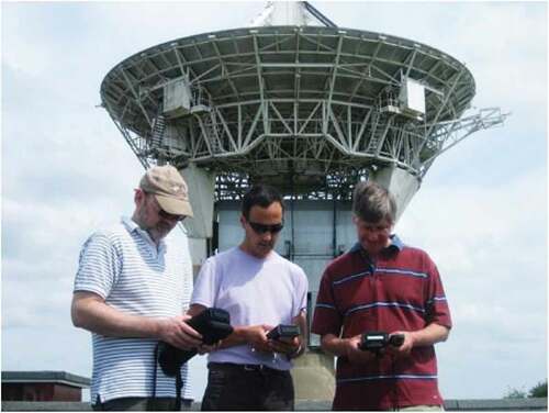 Figure 4. Ted (right), Tim Malthus (centre) and Andrew Wilson (left) cross-calibrating Microtops Sun photometers during the 2006 NCAVEO field campaign at the Chilbolton Facility for Atmospheric and Radio Research