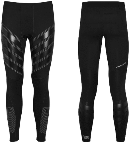 Figure 1. Front (left) and back (right) view of compression tights used in the present study, incorporating additional lycra elastomeric panels across the anterior thigh and posterior calf.