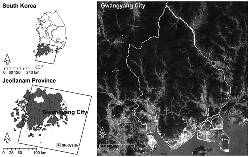 Figure 1. Location of Jeollanam Province and Gwangyang City, with the boundary of Landsat tile, based on the continuous cadastral map in Jan 2018 (on the left side) and Landsat 7 band 1 image on 15 October 2000 (on the right side).