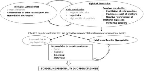 Figure 2 Adaptation of the biosocial developmental model of BPD. In this figure we present the pathways that could explain why sleep problems and subsequent BPD symptoms associate, using the biosocial developmental model by Crowell et al. In bold we have highlighted the processes that could have potential interaction with sleep problems and thus could explain the potential associations between sleep and BPD. These are HPA, prefrontal cortex, impulsivity, family psychopathology, disrupted attachment, childhood maltreatment, emotional dysregulation and internalizing/externalizing symptoms.
