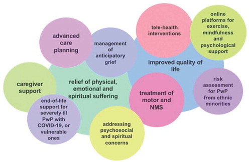 Figure 1. The possible enablers of patient-centered, holistic approach to palliative care for people with Parkinson’s during the COVID-19 pandemic. NMS – Non-motor symptoms, PwP – People with Parkinson’s