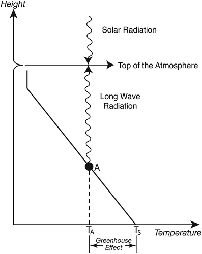 Fig. 1. Schematic diagram that illustrates the greenhouse effect of the atmosphere. The slanted solid line indicates schematically the vertical temperature profile of the troposphere. The vertical line segment at the top of the slanted line indicates schematically the almost isothermal temperature profile of the stratosphere. The dot A (●) on the slanted line indicates the average height of the layer of emission for the outgoing terrestrial, longwave radiation from the top of the atmosphere. The difference between the global mean surface temperature (TS) and the temperature of the planetary emission (TA) indicates the greenhouse effect of the atmosphere.