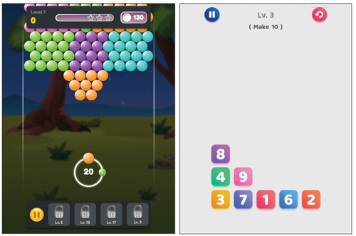 Figure 2. Bubble-shooter game used as prime in the fun game condition (left), and the math game used for the math-game condition (right).