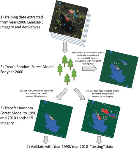 Figure 2. Training and testing data for the year 2000 were created using visual image interpretation of imagery from the year 2000. The spectral information at the location of each training data point was extracted for the year 2000 Landsat-5 imagery and indices/derivatives and then this data was used to build a random forest model to predict and map mines using the year 2000 mosaic. Because the Landsat-5 sensor was also used for two other benchmark years (1990 and 2010), this same model could then be “transferred” to the year 1990 and year 2010 mosaics to predict and map mines for those years. Each result was validated with independent data for the appropriate year.