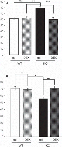 Figure 3. Application of dexamethasone reverses depression-like behavior in GRPR-KO mice. A: Immobility (percentage of total time) in the forced-swim test. B: Sucrose preference rate (percentage) in GRPR-KO and WT mice after dexamethasone (DEX) and saline control (sal) treatment. Significance levels resulting from post-hoc comparisons are indicated. All data are depicted as mean ± SEM. *P < 0.05; **P < 0.01; ***P < 0.001.