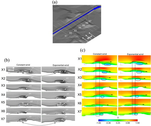 Figure 18. The flow field comparison between the constant wind and exponential wind boundary conditions in different cross-sections: (a) the positions of different cross-sections; (b) streamlines; and (c) the wind speed distribution contour.