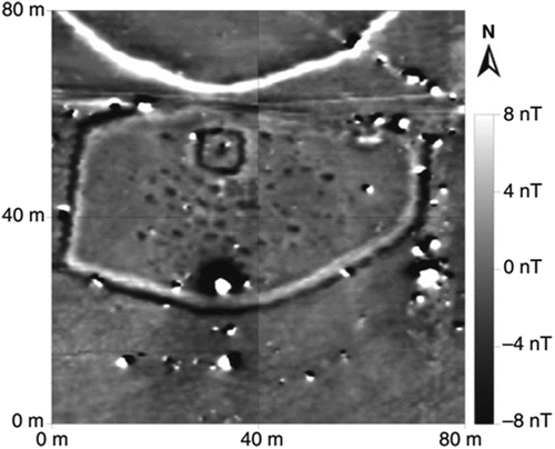Figure 2. Example of magnetometry dataset with single grave features appearing as negative (dark) anomalies at a 17th-century cemetery in Kazakhstan. Reproduced with permission (Fassbinder Citation2016).Figure 6
