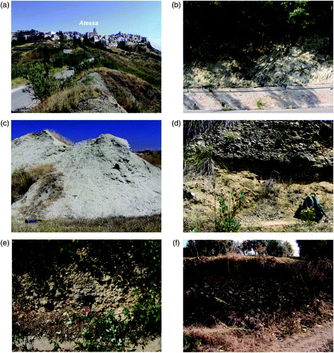 Figure 4. Lithological units outcropsing in the Osento river basin. (a) Clays (AS), near Atessa; (b) Limestone and marl limestone (CAM), near Tornareccio; (c) Pili sandy shale (SASP); (d) Masseria Mucci sands and gravels (SSCM); (e) Paglieta gravels (GP); (f) Masseria Mancini gravels (GM).