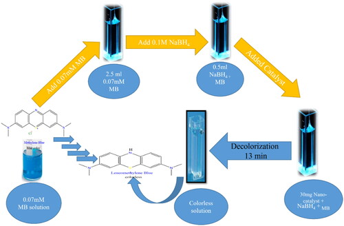 Figure 10. Schematic representation outlines the decolorization process of MB in presence of sodium borohydride using the Na alg/NiO-ZnO nanocomposite as a catalyst.