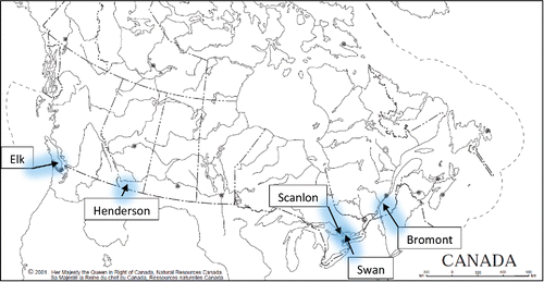 Figure 1. Location of Canadian lakes with previous or proposed Phoslock as described in Table 1 (scale units are 300 km).