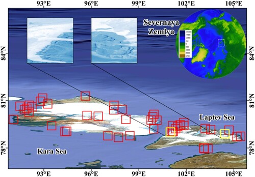 Figure 7. Locations of 50 S1 image scenes used for the identification of sea ice and water in the Severnaya Zemlya region.