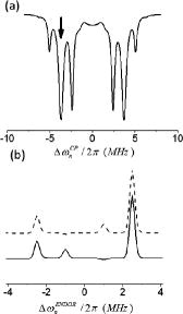 Figure 3. Simulated eNCP (a) and CP-ENDOR (b) spectra for the {e–n1–n2} spin system with |A1| = 5 MHz; |A2| = 2 MHz; ω1e/2π = 2 MHz; solid and dashed traces in (b) correspond to A1 and A2 having opposite and same signs respectively. The arrow in (a) marks the Δωn value that was chosen for calculation of the spectra in (b).