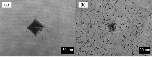 Figure 6. Vickers hardness measurement indentations on (a)Fe0.84B0.16 (b)Fe0.37B0.63.