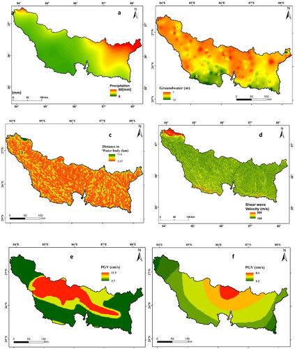 Figure 4. Input layers used for liquefaction susceptibility evaluation using rapid response and loss estimation model (Zhu et al. Citation2017), (a) precipitation, (b) groundwater, (c) distance to water body, (d) shear wave, (e) PGV 1934, and (f) PGV 1988.