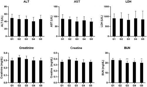 Figure 2. Serum biochemical analysis results of the muscle fatigue related biomarkers. Mice were fed with vehicle (G1), 100 mg/kg of red ginseng (G2), or 50, 150, and 300 mg/kg of CMEE (C3–C5) for 12 weeks. Data are expressed as mean ± S.D. (n = 10 mice in each group). ***p < 0.001, **p < 0.01, *p < 0.05, compared with normal control (G1).