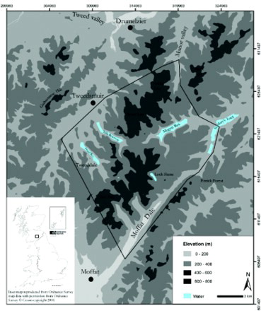 Figure 1. Topographic map to show the location of the Tweedsmuir Hills in central Southern Scotland. The study area is denoted by the black line. Elevation data were derived from the NEXTMap Britain DSM UK Outline Reproduced from Ordnance Survey map data by permission of Ordnance Survey© Crown copyright 2013.