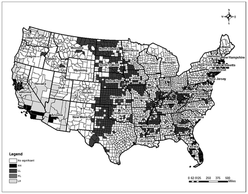 Figure 10. BiLisa cluster map between the population density and spatial lag of the number of hotels