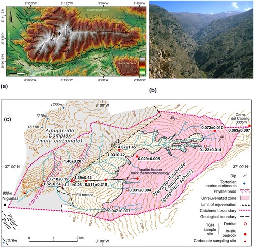 Figure 7. Erosion of the Sierra Nevada, Spain. (a) digital elevation model (Pérez-Peña et al., Citation2010) showing the overall E-W orientation of the mountain range, with the highest elevation terrain towards the western end. The Rio Torrente catchment is on the SW margin of the range. (b) View of the upper part of the Rio Torrente catchment, looking NE towards the peak of Cerro de Caballo (3005m). (c) Topographic map of the Rio Torrent catchment, showing in site and detrital 10Be erosion rates (Reinhardt et al., Citation2007a).