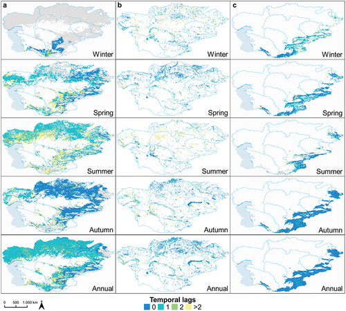 Figure 7. This map shows the detected temporal lags with the largest effect size per grid with respect to the identified causal links in Figure 5.