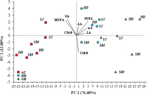 Figure 1. Score plot and loading plot from principal component analysis (PCA) of ripened bresaola. Abbreviations: Animal categories: GB = grazing young bull; HB = housed young bull; AC = adult cow. Muscles: SM = Semimembranosus; ST = Semitendinosus; BB = Biceps brachii; MUFA = monounsaturated fatty acids; PUFA = polyunsaturated fatty acids; OA = oleic acid; LA = linoleic acid; AA = arachidonic acid.Figura 1. Gráfico de puntuación y gráfico de carga derivados del análisis de componentes principales (PCA) de la bresaola madura. Abreviaturas: Categorías de animales: GB = toro joven de pastoreo; HB = toro joven alojado; AC = vaca adulta. Músculos: SM = Semimembranoso; ST = Semitendinoso; BB = Bíceps braquial; MUFA = ácidos grasos monoinsaturados; PUFA = ácidos grasos poliinsaturados; OA = ácido oleico; LA = ácido linoleico; AA = ácido araquidónico