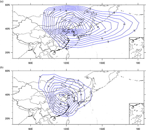 Fig. 3 Contours of CTCs (a) and ATCs (b) related to China (see text for explanation) per winter. The contour interval is one.