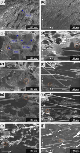 Figure 6. SEM images of the tensile fracture surfaces of the MJF-printed PI/PA12 composite parts in the Y/X orientations with various fibre concentrations: (a and b) 0 wt%, (c and d) 3 wt%, (e and f) 6 wt%, (g and h) 8 wt%, and (i and j) 10 wt%. Orange dashed circles represent the hole left after the fibre pullout.