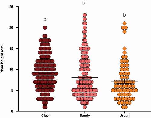 Figure 3. Results from our survey indicate that soil type had a significant effect on Solanum elaeagnifolium height (One-way Anova; F = 7.06; P = .001). Significant differences are based on post hoc Tukey tests represented by lowercase alphabetical letters at P < .05. The X-axis represents soil type and Y- axis plant height (cm)