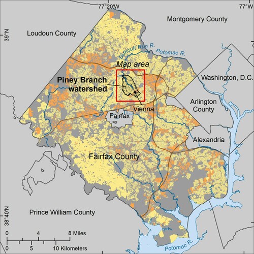 Figure 1. Study area map showing high- and medium-density development (orange) and low-density residential areas (light yellow).