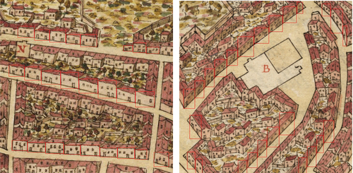 Figure 3. Elements in the learning set for facade detection. Bounding boxes for frontal facades are shown in red.