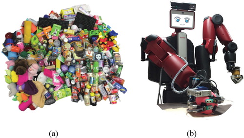 Figure 3. Learning concepts and language model in a robot: (a) objects and (b) robot used in the experiment.