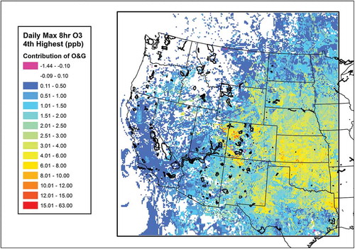 Figure 2. Modeled contribution of emissions associated with oil and gas production activity to the fourth highest daily maximum 8-hr averaged ozone concentration in ppb. National parks and Class I areas are outlined in black.