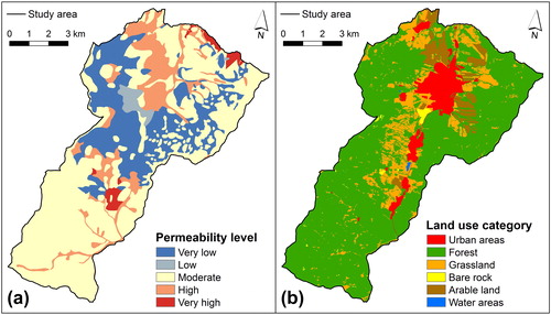 Figure 4. Landslide conditioning factors: (a) geology and (b) land use. (a) Source: Geological map 1:50,000, Rights holder: State Geological Institute of Dionýz Štúr, Bratislava, (b) Source: Orthophotos 2018 (WMS Service), Rights holder: Geodetic and Cartographic Institute, Bratislava; National Forest Centre, Zvolen