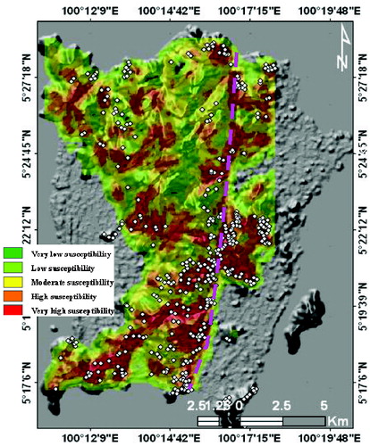 Figure 7. Landslide susceptibility map constructed using weighted spatial probability modelling. The map is draped over DEM. The white points highlight the known landslide locations. Most of the landslides are clustered along the NNE–SSW trending regional fault zone (pink colour).