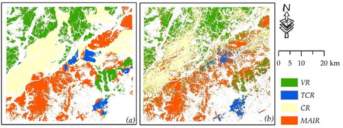 Figure 13. Classified results from (a) referenced geologic map and (b) reflectance in the growing season.