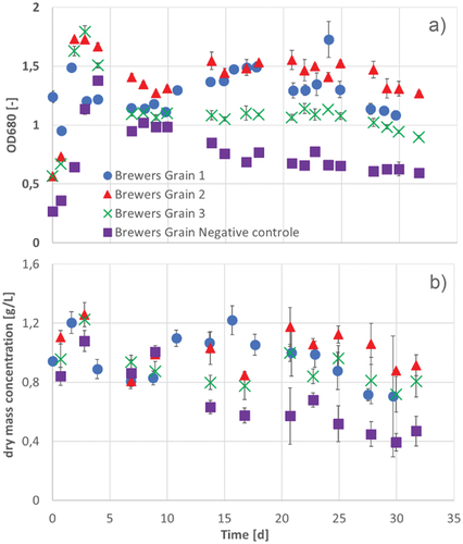 Figure 13. OD680 (a) and dry mass concentration (b) in three cultivation series of A. platensis during 30–32 d of cultivation 1 (blue circles), cultivation 2 (red triangles), cultivation 3 (green crosses) and the negative control (purple squares) in photobioreactors with brewer’s grains extract. Error bars show the standard deviation of threefold determination.