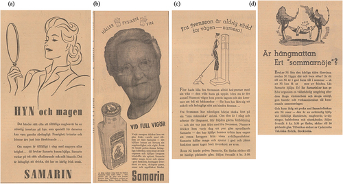 Figure 3. 1937–1950: appearance is everything!, (a) “Skin and the stomach,” (b) “At full vigor,” (c) “Mrs Svensson is never scared to weigh – now!,” (d) “Is the hammock your ‘summer fun’?.”